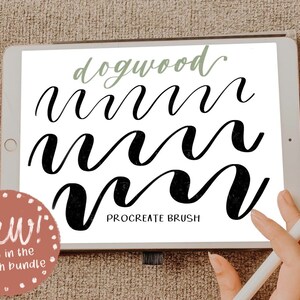 May include: A digital illustration of the word "dogwood" written in a cursive script on a white background. The word is written in black ink and is shown in three different sizes. The image is displayed on a digital tablet with a stylus pen nearby. The text "PROCREATE BRUSH" is written below the word "dogwood". A pink circle with white polka dots and the text "New! not in the brush bundle" is in the lower left corner of the image.