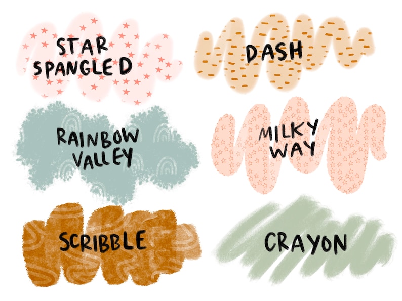 May include: Six different digital brush stroke patterns with text labels: "Star Spangled", "Dash", "Rainbow Valley", "Milky Way", "Scribble", and "Crayon".