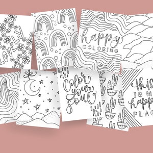 Peut inclure: Ensemble de huit pages &agrave; colorier imprimables avec diff&eacute;rents motifs, notamment des arcs-en-ciel, des fleurs, des montagnes, des cactus et des citations inspirantes comme "Color your soul" et "This is my happy place".