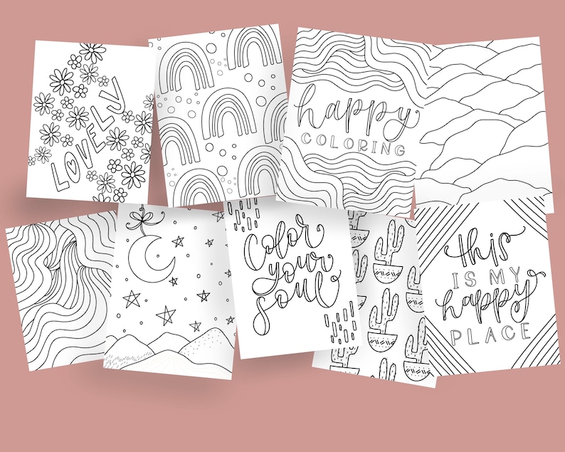 Peut inclure: Ensemble de huit pages &agrave; colorier imprimables avec diff&eacute;rents motifs, notamment des arcs-en-ciel, des fleurs, des montagnes, des cactus et des citations inspirantes comme "Color your soul" et "This is my happy place".