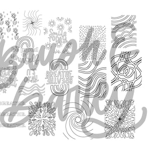 Peut inclure: Un ensemble de 10 pages &agrave; colorier imprimables pr&eacute;sentant divers motifs et affirmations positives. Les motifs comprennent des fleurs, des arcs-en-ciel, des tourbillons et des motifs abstraits. Les affirmations incluent "sois fier de toi", "tu fais du bon travail", "c'est bon", et "respire".