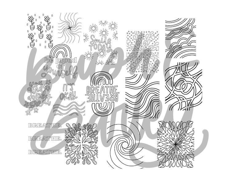 Peut inclure: Un ensemble de 10 pages &agrave; colorier imprimables pr&eacute;sentant divers motifs et affirmations positives. Les motifs comprennent des fleurs, des arcs-en-ciel, des tourbillons et des motifs abstraits. Les affirmations incluent "sois fier de toi", "tu fais du bon travail", "c'est bon", et "respire".
