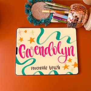 May include: A digital drawing of the name "Gwendolyn" in pink and green lettering on a yellow background with stars and a green swirl. The text "Procreate Brush" is below the name.