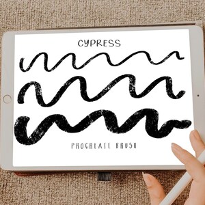 Pu&ograve; includere: Uno schermo di tablet bianco che mostra tre linee ondulate nere con il testo "CYPRESS PROCREATE BRUSH" in basso.