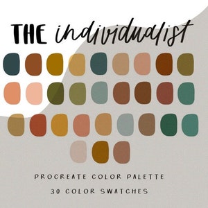 May include: A digital colour palette with 30 colour swatches in shades of brown, green, blue, and peach. The palette is titled "THE individualist" and "PROCREATE COLOUR PALETTE 30 COLOUR SWATCHES".