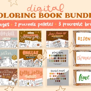 Peut inclure: Un lot de livres de coloriage num&eacute;riques comprenant 108 pages, 2 palettes Procreate et 3 pinceaux Procreate. Le lot comprend des livres de coloriage sur des th&egrave;mes tels que "Color Chill", "Halloween Coloring Book", "Jesus Loves Me", "Bloom", "Chillax", "Plant Mom", "Risen", "Thomas", "Coloring Book of Joy", "Holly Jolly" et "Painted Sunset".