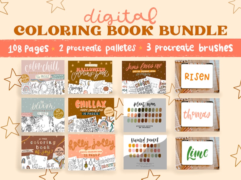 Peut inclure: Un lot de livres de coloriage num&eacute;riques comprenant 108 pages, 2 palettes Procreate et 3 pinceaux Procreate. Le lot comprend des livres de coloriage sur des th&egrave;mes tels que "Color Chill", "Halloween Coloring Book", "Jesus Loves Me", "Bloom", "Chillax", "Plant Mom", "Risen", "Thomas", "Coloring Book of Joy", "Holly Jolly" et "Painted Sunset".