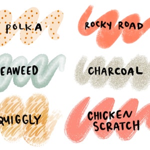 May include: Six different paint swatches with names written in black text. The swatches are: Polka, Rocky Road, Seaweed, Charcoal, Squiggly, and Chicken Scratch.