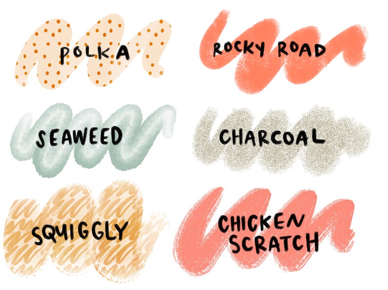 May include: Six different paint swatches with names written in black text. The swatches are: Polka, Rocky Road, Seaweed, Charcoal, Squiggly, and Chicken Scratch.