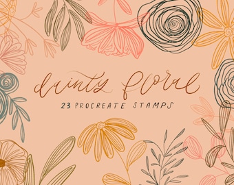 Può includere: Un set di 23 timbri digitali che presentano delicati disegni a linea di fiori e foglie in vari colori, tra cui rosa, arancione, giallo, verde e blu. Il testo "dainty floral 23 procreate stamps" è scritto in corsivo marrone.