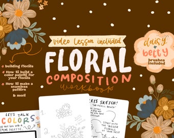 Può includere: Un quaderno di lavoro digitale intitolato "Floral Composition Workbook" con una lezione video inclusa. Il quaderno presenta un'illustrazione floreale con una tavolozza di colori e istruzioni per costruire fiori, creare uno schema senza cuciture e altro ancora. Include anche pennelli daisy e betty.