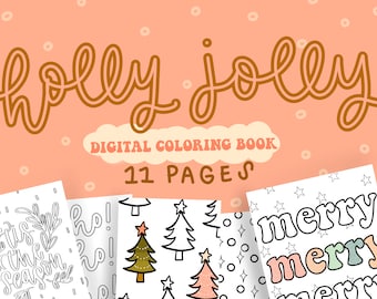 Può includere: Un libro da colorare digitale con il titolo "holly jolly" e il testo "DIGITAL COLORING BOOK 11 PAGES". La copertina presenta una varietà di illustrazioni a tema natalizio, tra cui alberi, stelle e la parola "merry" ripetuta tre volte.