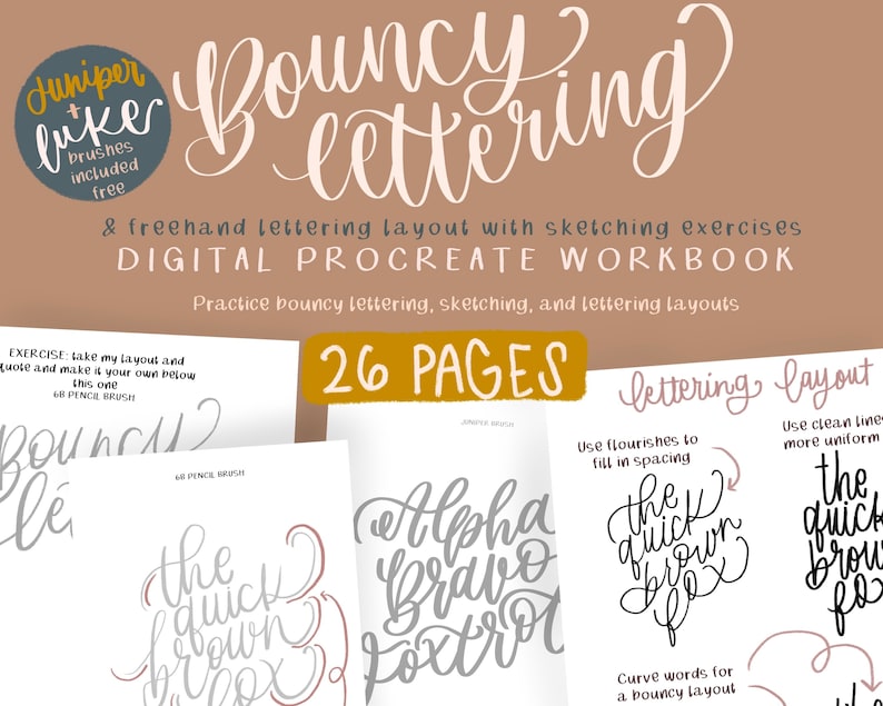 May include: A digital workbook for practicing bouncy lettering. The cover features a handwritten title "Bouncy Lettering" in a light brown color. The workbook includes 26 pages of exercises and examples. The text "26 Pages" is highlighted in a yellow box.