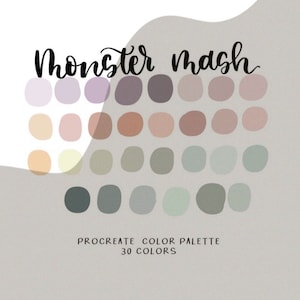 May include: A digital art color palette titled "Monster Mash" with 30 color swatches. The color palette features a range of muted tones, including pinks, greens, and browns. The text "Procreate Color Palette" is also included.