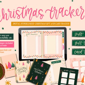 May include: A digital Christmas gift and card tracker with three different cover options. The tracker is hyperlinked for easy use in apps like Goodnotes and Notability. The image shows a pink and green colour scheme with a Christmas lights design.