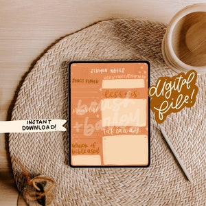 May include: A digital file of a sermon notes template on a tablet. The template is in shades of orange and beige, with sections for songs, scripture, lessons, prayer list, and takeaways. The words "Instant Download" and "Digital File" are also visible.
