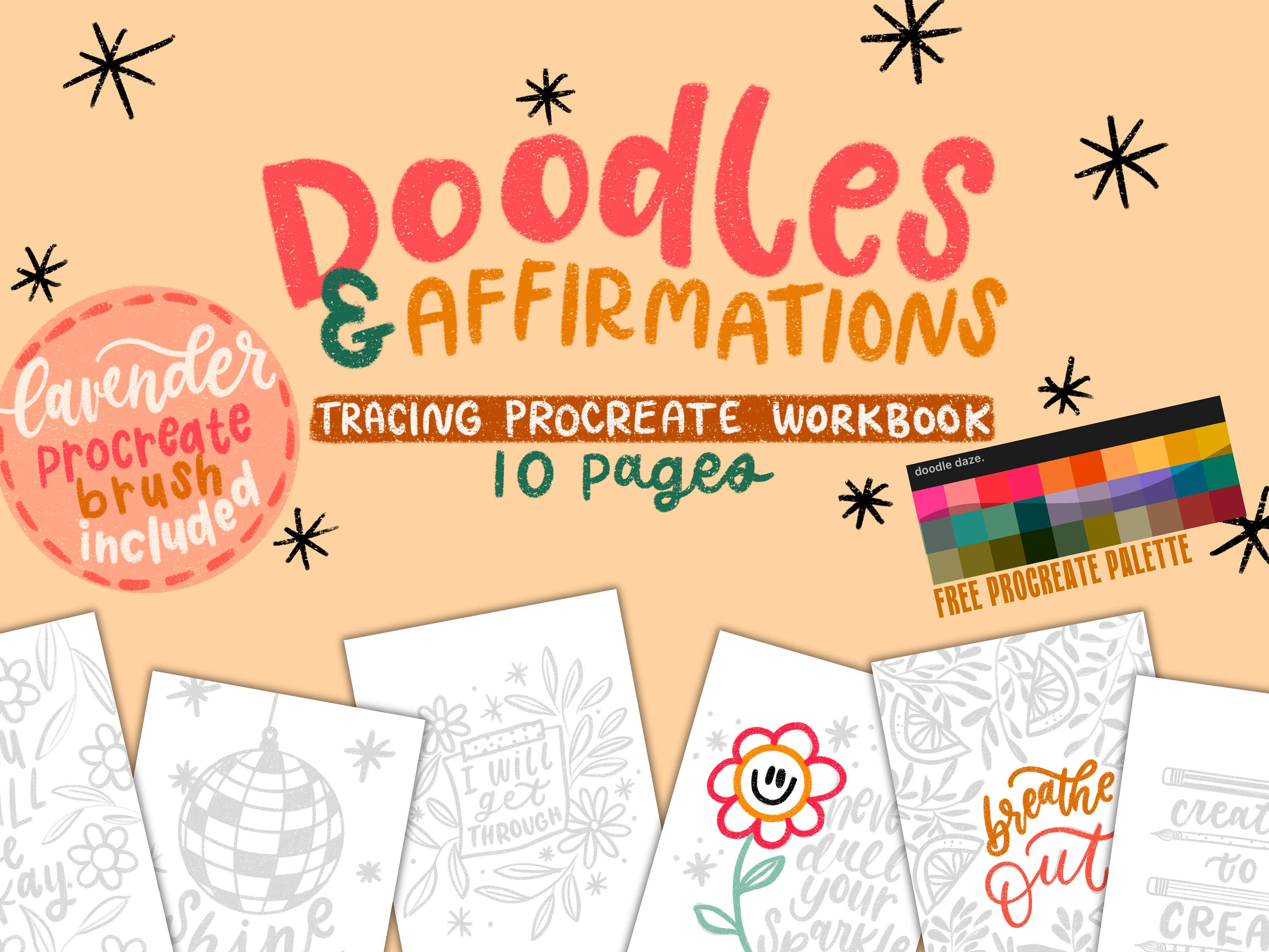 Doodles and Affirmations Procreate Lettering Workbook – Tracing, Brushes, and Palette - Image 1