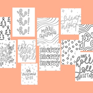Peut inclure: Un ensemble de dix cartes de No&euml;l imprimables avec des illustrations et du texte en noir et blanc. Les cartes comprennent des phrases comme "Ho! Ho! Ho!" "Joyeux No&euml;l", "Nuit silencieuse", "C'est la saison", "Le premier No&euml;l", "Joyeux Joyeux Joyeux", "Passez un joyeux No&euml;l", et "Oh, sapin de No&euml;l".