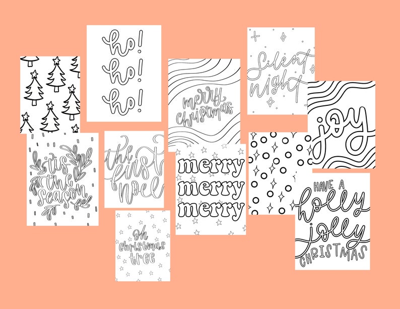 Peut inclure: Un ensemble de dix cartes de No&euml;l imprimables avec des illustrations et du texte en noir et blanc. Les cartes comprennent des phrases comme "Ho! Ho! Ho!" "Joyeux No&euml;l", "Nuit silencieuse", "C'est la saison", "Le premier No&euml;l", "Joyeux Joyeux Joyeux", "Passez un joyeux No&euml;l", et "Oh, sapin de No&euml;l".