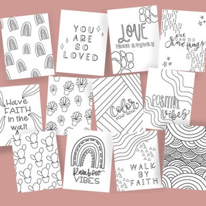 Peut inclure: Un ensemble de dix pages &agrave; colorier imprimables avec des affirmations positives et des motifs abstraits. Les pages comprennent des phrases comme "Tu es tellement aim&eacute;", "Aime-les quand m&ecirc;me", "Aie confiance en l'attente", "Colore ton &acirc;me", "Des vibrations positives", "Des vibrations arc-en-ciel", "Marche par la foi", et "Tu peux faire de grandes choses".
