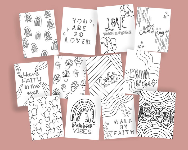 Peut inclure: Un ensemble de dix pages &agrave; colorier imprimables avec des affirmations positives et des motifs abstraits. Les pages comprennent des phrases comme "Tu es tellement aim&eacute;", "Aime-les quand m&ecirc;me", "Aie confiance en l'attente", "Colore ton &acirc;me", "Des vibrations positives", "Des vibrations arc-en-ciel", "Marche par la foi", et "Tu peux faire de grandes choses".