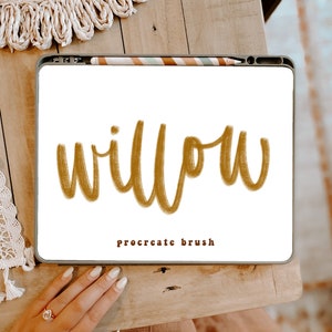May include: A white tablet with a gold brush font that says "willow" and the text "procreate brush" below it.