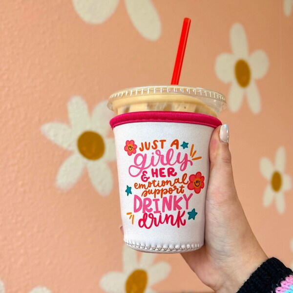 Girly Emotional Support Drink Sleeve / Drinky drink / iced coffee sleeve / drink cozie / cozie retro