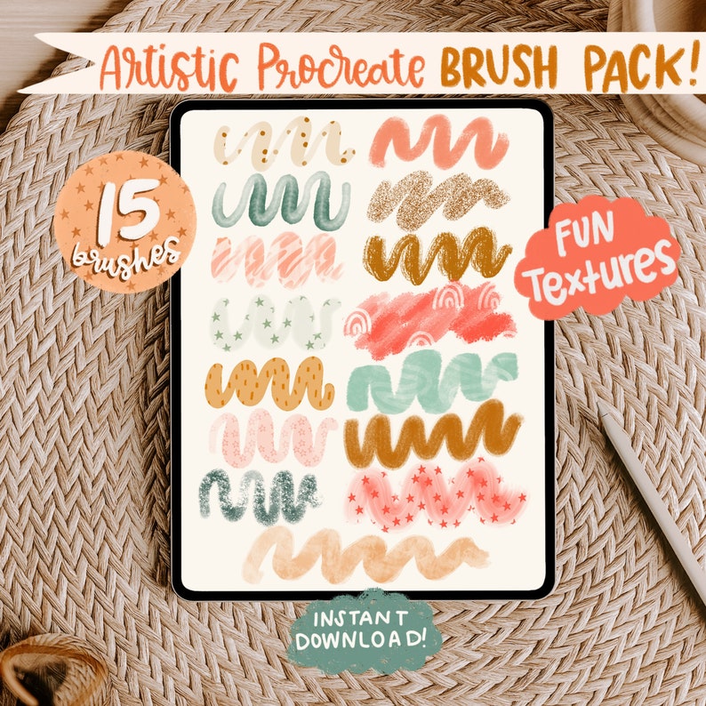 May include: A digital tablet screen displaying a set of 15 Procreate brush packs. The brushes are displayed in rows and feature a variety of fun textures, including stars, waves, and glitter. The text "Artistic Procreate BRUSH PACK!" and "FUN Textures" is displayed on the screen. The text "INSTANT DOWNLOAD!" is displayed at the bottom of the screen.