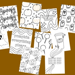 Peut inclure: Un ensemble de dix pages &agrave; colorier d'Halloween imprimables avec diff&eacute;rents motifs effrayants et mignons. Les motifs comprennent des fant&ocirc;mes, des citrouilles, des bonbons et le texte "Spooky Spooky Spooky", "Monster Mash", "Pumpkin Everything Please", et "Boo to You".