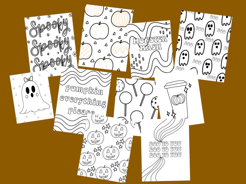 Peut inclure: Un ensemble de dix pages &agrave; colorier d'Halloween imprimables avec diff&eacute;rents motifs effrayants et mignons. Les motifs comprennent des fant&ocirc;mes, des citrouilles, des bonbons et le texte "Spooky Spooky Spooky", "Monster Mash", "Pumpkin Everything Please", et "Boo to You".
