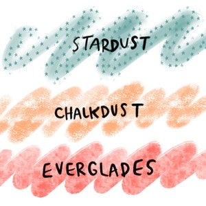 May include: Three swatches of paint colors with names written in black. The top swatch is a light blue with a pattern of white stars and the word "STARDUST" written in black. The middle swatch is a light peach color with the word "CHALKDUST" written in black. The bottom swatch is a light pink color with the word "EVERGLADES" written in black.