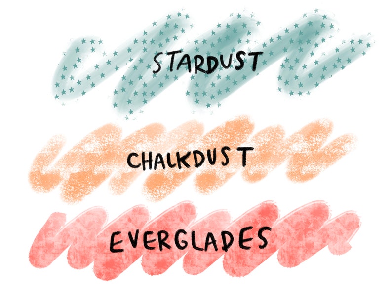 May include: Three swatches of paint colors with names written in black. The top swatch is a light blue with a pattern of white stars and the word "STARDUST" written in black. The middle swatch is a light peach color with the word "CHALKDUST" written in black. The bottom swatch is a light pink color with the word "EVERGLADES" written in black.