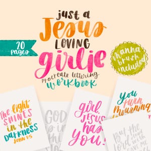 May include: A digital workbook for Procreate lettering with 20 pages. The cover features a pink and orange watercolor design with the text "just a Jesus loving girlie". A green circle with the text "hanna brush included" is in the upper right corner.