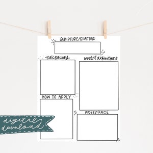 May include: Printable digital download of a black and white Bible study worksheet with the headings "Scripture/Chapter", "Takeaways", "Words & Definitions", "How to Apply", and "Free Space".