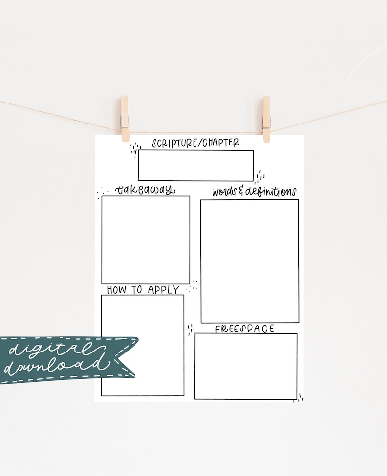 May include: Printable digital download of a black and white Bible study worksheet with the headings "Scripture/Chapter", "Takeaways", "Words & Definitions", "How to Apply", and "Free Space".