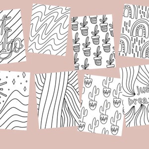 Peut inclure: Huit pages &agrave; colorier imprimables en noir et blanc avec diff&eacute;rents motifs. Les motifs comprennent un soleil et des vagues, un motif de cactus, un motif d'arc-en-ciel, un motif ondul&eacute;, un motif ray&eacute;, un motif de plantes et deux pages avec du texte. Une page dit "let it go" et l'autre dit "just breathe."