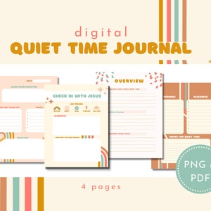 May include: Four printable pages of a digital quiet time journal with a retro design. The pages include sections for scripture, check in with Jesus, overview, blessings, and hopes for quiet time.