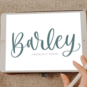 May include: A digital tablet displaying the word "Barley" in a handwritten font, with the text "Procreate Brush" underneath.