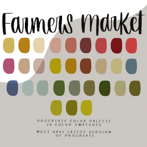 Puede incluir: Una paleta de colores digital para Procreate con 30 muestras de colores en tonos de amarillo, naranja, rojo, rosa, marrón, azul, verde y gris. La paleta se titula "Farmers Market".