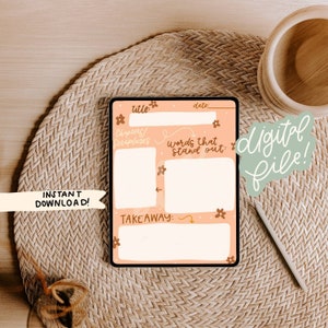 May include: A digital file with a peach-colored background featuring a planner layout. The planner includes sections for title, date, scriptures, and takeaways, decorated with small floral accents. The text "INSTANT DOWNLOAD!" is visible.
