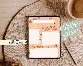 May include: A digital file with a peach-colored background featuring a planner layout. The planner includes sections for title, date, scriptures, and takeaways, decorated with small floral accents. The text "INSTANT DOWNLOAD!" is visible.