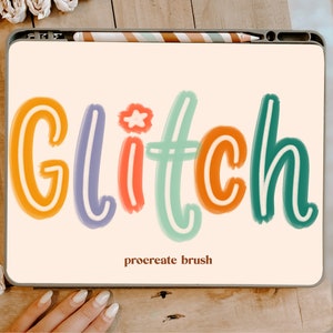 May include: A digital illustration of the word "Glitch" in colorful, hand-drawn letters. The letters are outlined in white and have a slightly textured appearance. The text "procreate brush" is written below the word "Glitch".