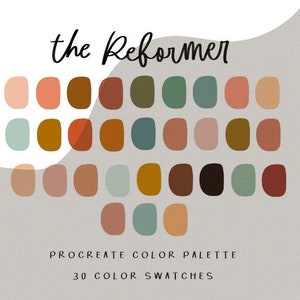 May include: A digital colour palette called "The Reformer" with 30 colour swatches in shades of brown, orange, red, green, blue, and beige. The palette is labelled "Procreate Colour Palette" and "30 Colour Swatches".