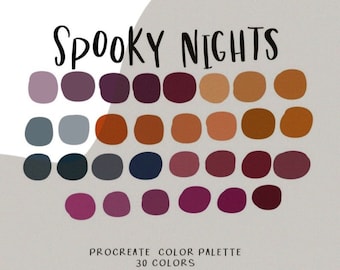 Può includere: Una tavolozza di colori digitale con 30 colori in tonalità di viola, marrone, arancione e grigio. La tavolozza è intitolata "Spooky Nights" ed è etichettata "Procreate Color Palette".