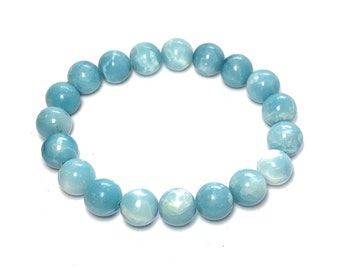 Bracelet quartz larimar 10 mm | Bracelet extensible | Bracelet de perles | Bracelet de perles de pierres précieuses | Bracelet bleu | Bracelet empilable