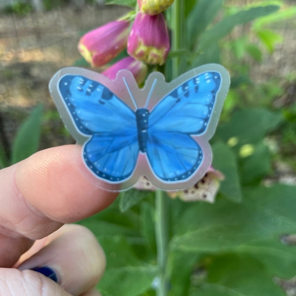 Blue butterfly "Mini" Sticker, clear vinyl stickers, filler sticker, 1.5 x 1.1 inches