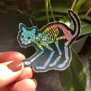 Cat Skeleton Sticker, waterproof glitter sticker, durable vinyl