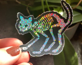 Cat Skeleton Sticker, waterproof glitter sticker, durable vinyl