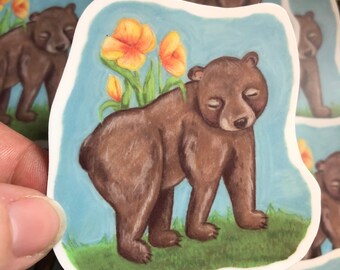 Brown Bear with Flowers Vinyl Waterproof Sticker