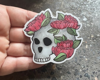 Skull Vinyl Sticker with Flowers: Waterproof Laptop Decal